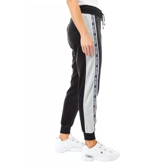 X Small BLACK Tommy Hilfiger Sport Women Athleisure Velour Jogger w/ Logo Taping - Picture 7 of 8